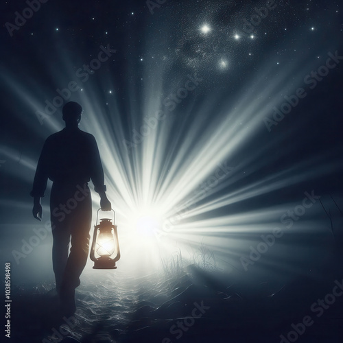 Man walking from darkness to light with old lantern in hand