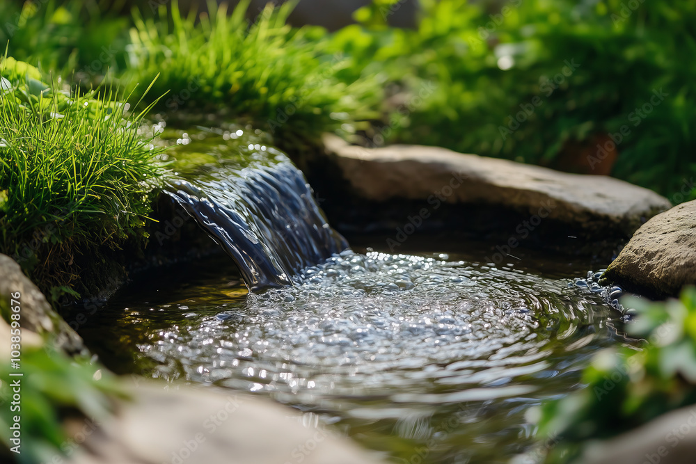 Stream with flowing clear clean water close up detail in nature, environment and ecology concept. Stream with flowing clear clean water close up detail in nature, environment and ecology concept.
