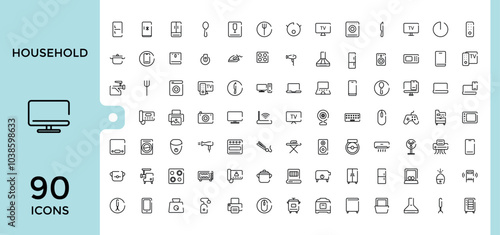 Household appliances line icons set. Collection of gas stove, kitchen hood, washing machine, dishwasher, cooker. Editable stroke. Pixel perfect.