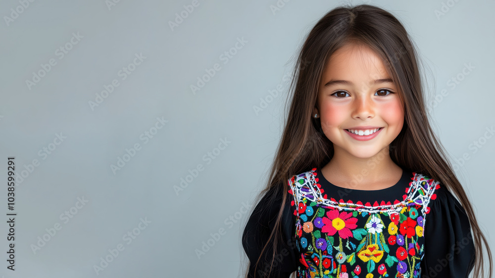 Fototapeta premium Canadian little girl in traditional bunad folk costume isolated on grey