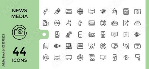 Line icons set about journalism. Collection of such icons as news, Press media, tv, radio, newspaper, digital media and journalist. Editable stroke. pixel perfect.