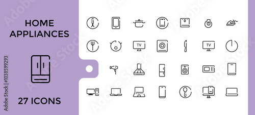 Home appliances line icons set. Collection of Household, gas stove, kitchen hood, washing machine, dishwasher, cooker. Editable stroke. Pixel perfect.