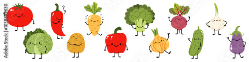 Set of vector illustrations in children's style. Cute vegetables in different poses and with cute faces. Cabbage carrots broccoli onion garlic tomato potato pepper eggplant cucumber beet. Vector