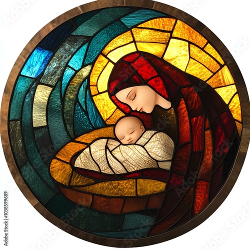 Stained Glass Artwork of Mother Mary Cradling Baby Jesus in Warm Light