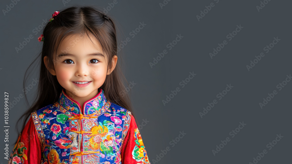 Chinese little girl in traditional bunad folk costume isolated on gray Chinese little girl in traditional bunad folk costume isolated on gray