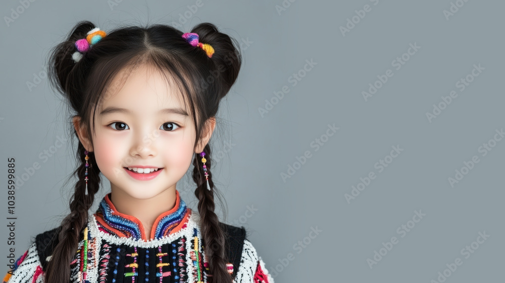 Chinese little girl in traditional bunad folk costume isolated on gray Chinese little girl in traditional bunad folk costume isolated on gray