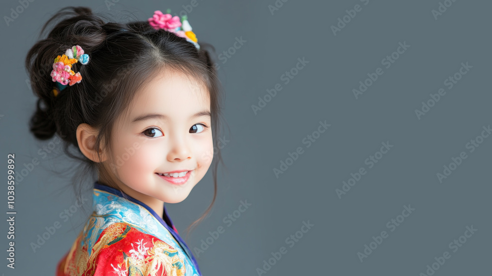 Chinese little girl in traditional bunad folk costume isolated on gray Chinese little girl in traditional bunad folk costume isolated on gray