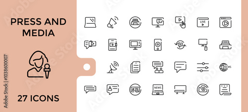 Line icons set about journalism. Collection of such icons as news, Press media, tv, radio, newspaper, digital media and journalist. Editable stroke. pixel perfect.