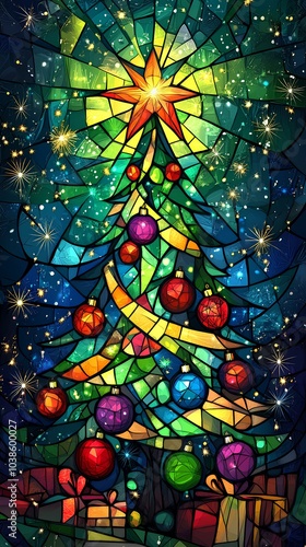 Vibrant Stained Glass Christmas Tree with Colorful Ornaments and Star