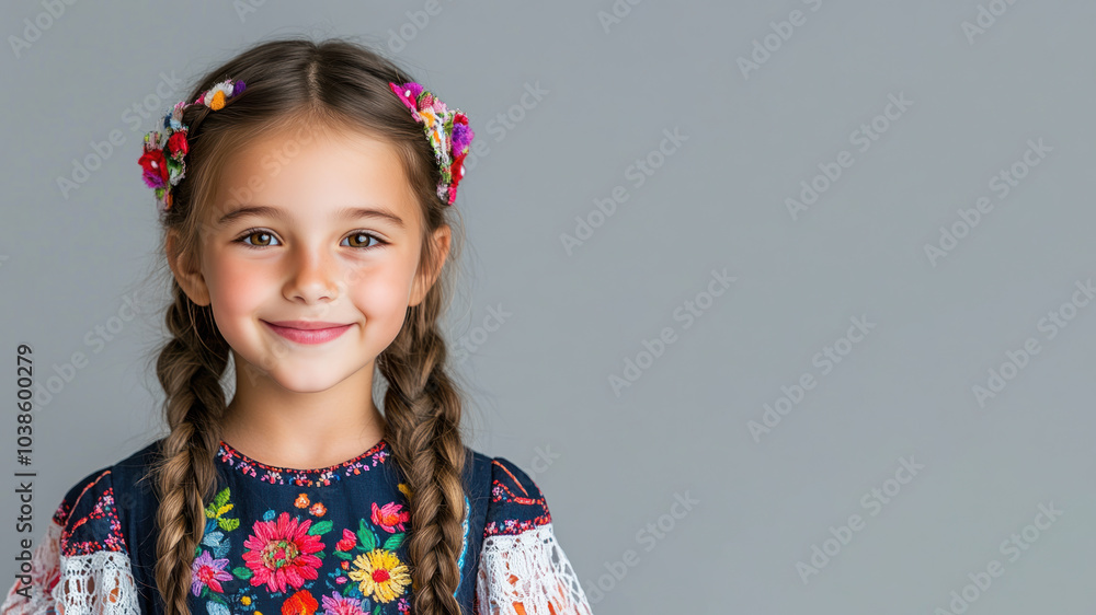French little girl in traditional bunad folk costume isolated on gray French little girl in traditional bunad folk costume isolated on gray
