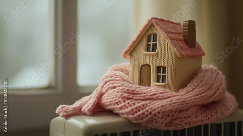 A figurine of a beige house wrapped in a pink scarf on a heater photo