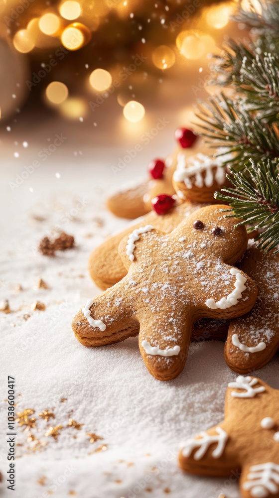 Gingerbread cookies decorated with icing are beautifully arranged on snowy surface, surrounded by festive decorations. warm bokeh lights create cozy holiday atmosphere Gingerbread cookies decorated with icing are beautifully arranged on snowy surface, surrounded by festive decorations. warm bokeh lights create cozy holiday atmosphere