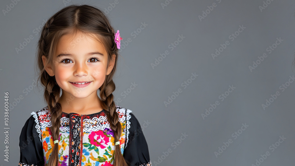 Germany little girl in traditional bunad folk costume isolated on gray Germany little girl in traditional bunad folk costume isolated on gray