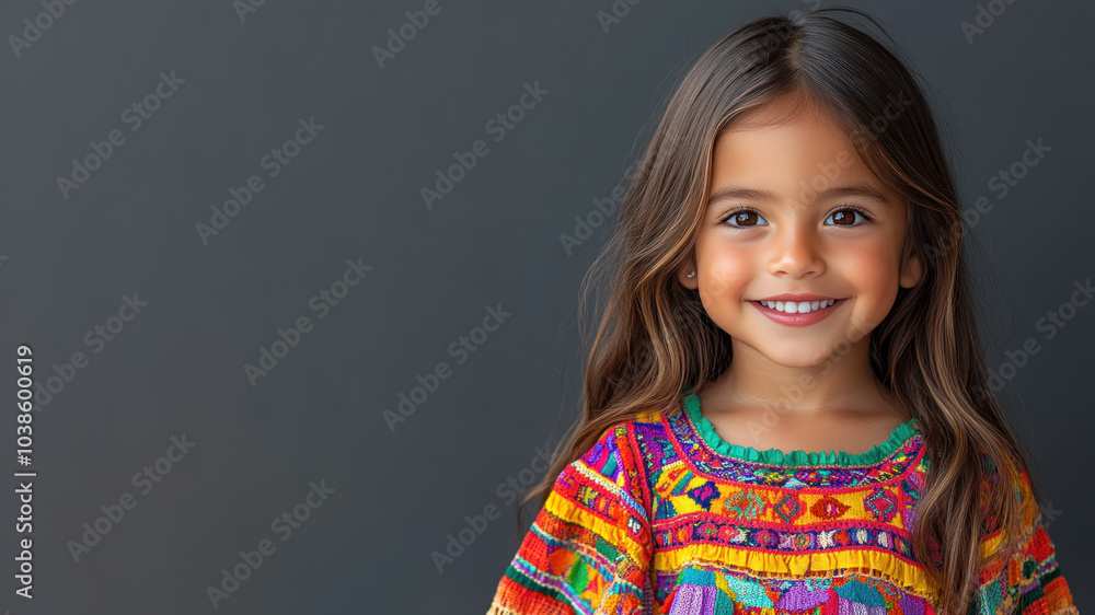 Hispanic little girl in traditional bunad folk costume isolated on gray Hispanic little girl in traditional bunad folk costume isolated on gray