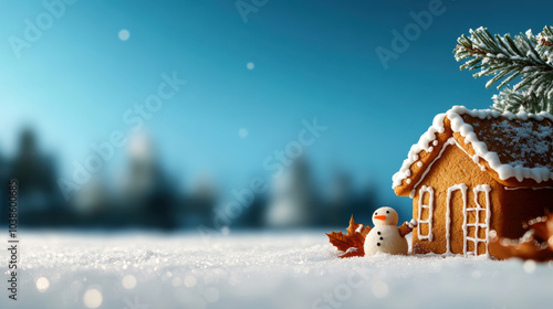 charming winter street scene featuring gingerbread house and cute snowman, surrounded by snowy landscape and pine branches. serene atmosphere evokes sense of holiday joy