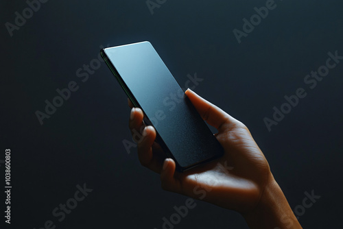 A hand holding a sleek black smartphone in a dark setting creating a minimalist and modern tech-focused aesthetic with soft light
