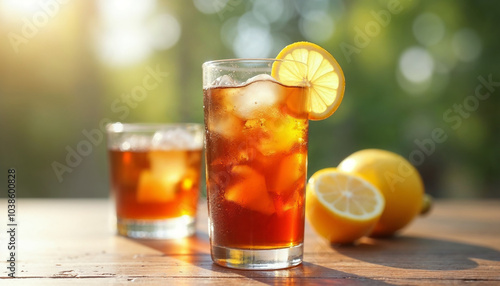 Two glasses of iced tea or lemonade with lemon slices, on a wooden table with a blurred green background