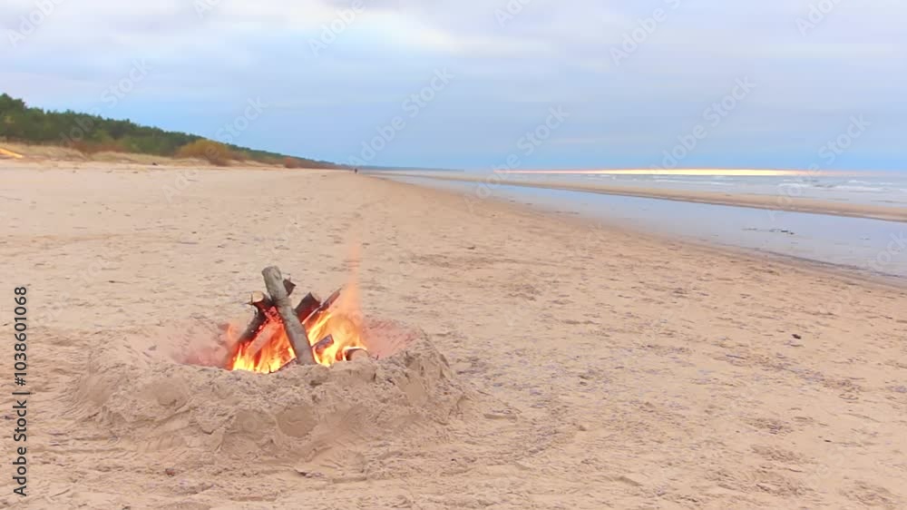 Bonfire on the Beach against a Wavy Sea or Ocean at Daytime in a Cloudy Day. Burning Campfire on Sand. Wood on Fire. Place for Bonfire. Fire Pit on Seaside. Signal Fire - Static Shot Bonfire on the Beach against a Wavy Sea or Ocean at Daytime in a Cloudy Day. Burning Campfire on Sand. Wood on Fire. Place for Bonfire. Fire Pit on Seaside. Signal Fire - Static Shot