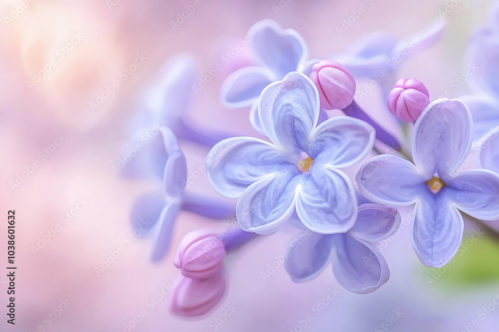 Close-up of lilac flowers in full bloom, with delicate purple petals and soft green foliage. The background is blurred to highlight the intricate details of each flower Close-up of lilac flowers in full bloom, with delicate purple petals and soft green foliage. The background is blurred to highlight the intricate details of each flower