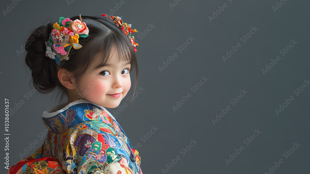 Japanese little girl in traditional bunad folk costume isolated on gray Japanese little girl in traditional bunad folk costume isolated on gray