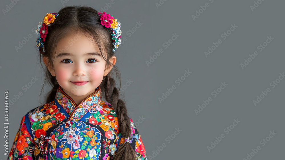 Japanese little girl in traditional bunad folk costume isolated on gray Japanese little girl in traditional bunad folk costume isolated on gray