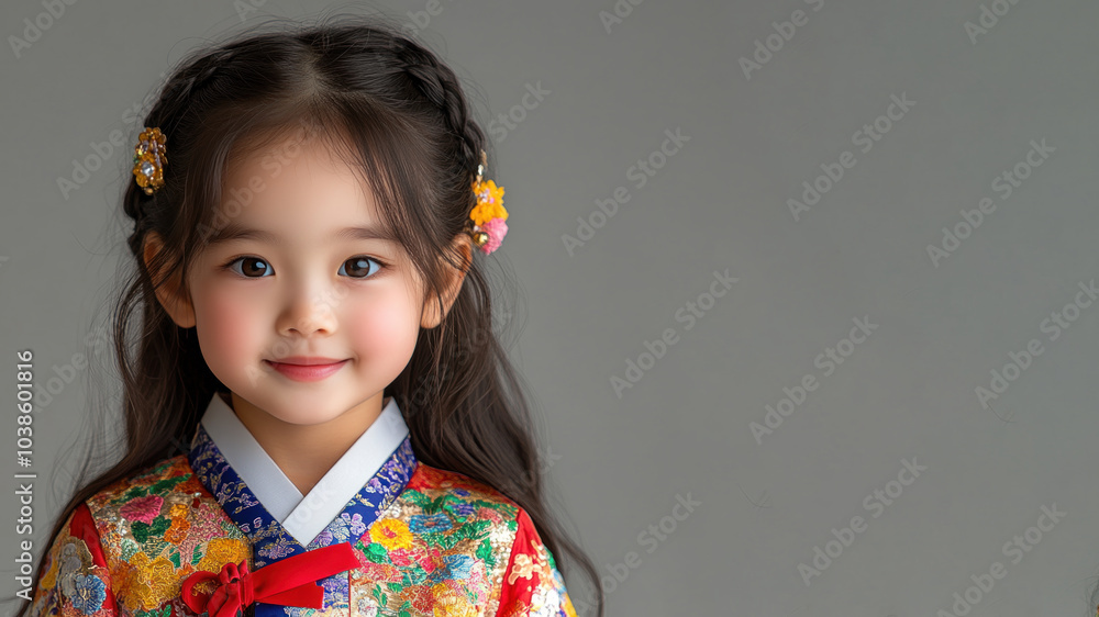 Korean little girl in traditional bunad folk costume isolated on gray Korean little girl in traditional bunad folk costume isolated on gray