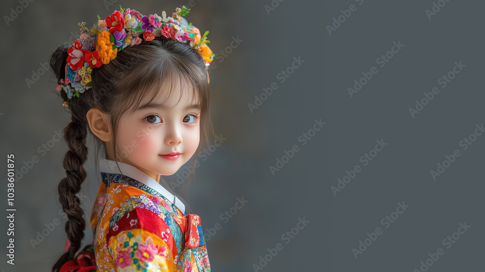 Korean little girl in traditional bunad folk costume isolated on gray Korean little girl in traditional bunad folk costume isolated on gray