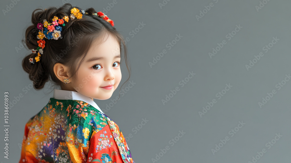 Korean little girl in traditional bunad folk costume isolated on gray Korean little girl in traditional bunad folk costume isolated on gray