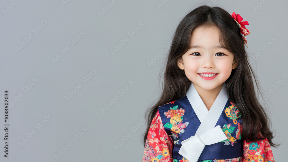 Korean little girl in traditional bunad folk costume isolated on gray Korean little girl in traditional bunad folk costume isolated on gray