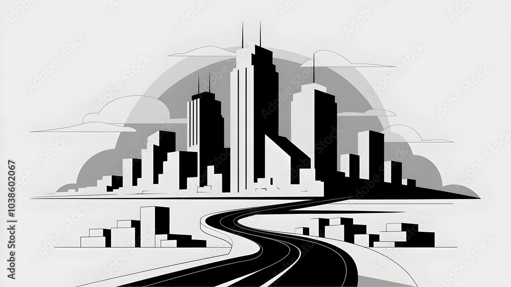 Obraz premium Minimalistic black and white city skyline illustration with simplified buildings and winding road