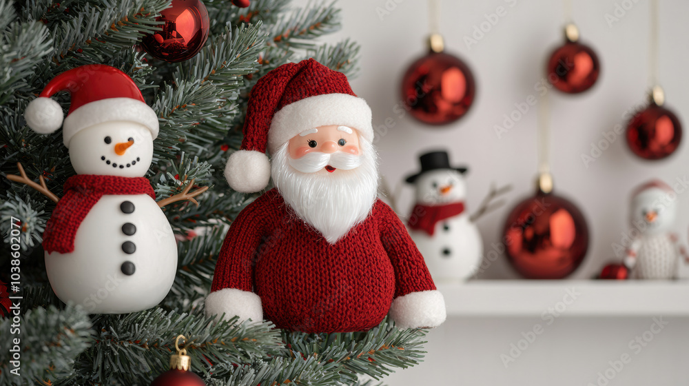 Festive Christmas decorations featuring Santa figure and snowman Festive Christmas decorations featuring Santa figure and snowman