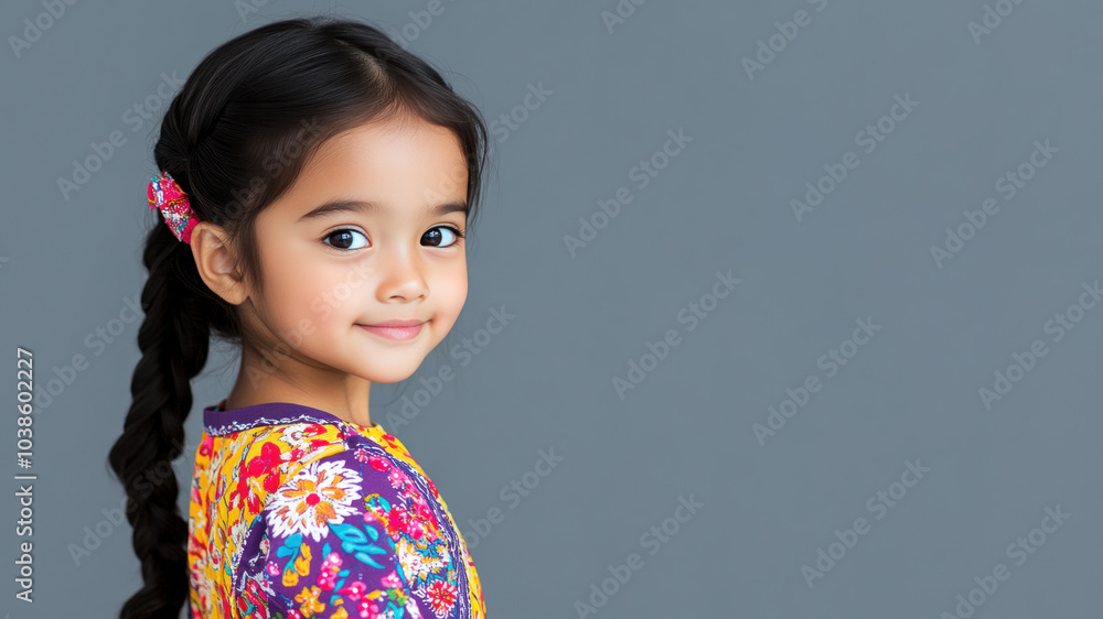 Malay little girl in traditional bunad folk costume isolated on gray Malay little girl in traditional bunad folk costume isolated on gray