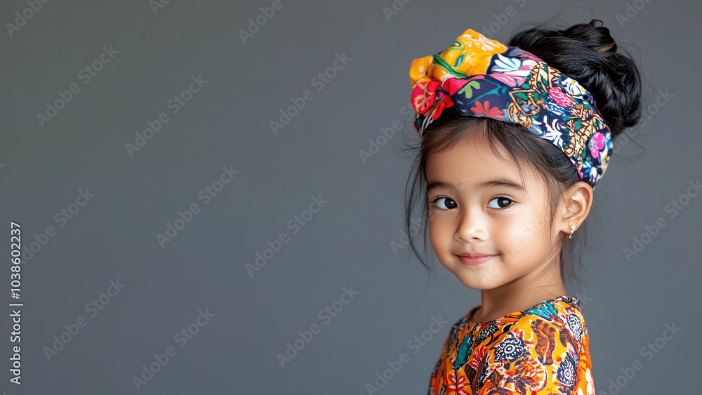 Malay little girl in traditional bunad folk costume isolated on gray Malay little girl in traditional bunad folk costume isolated on gray