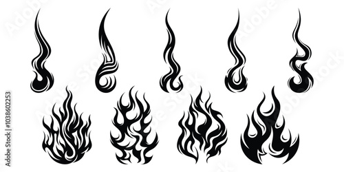 Silhouette Fire flames. Old school tattoo neo-tribal style or silhouette flame for cars. set vector icons. Fire sign. Fire flame icon isolated on white background. Vector illustration