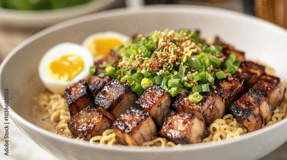 Delicious Bowl of Ramen with Grilled Pork and Eggs Delicious Bowl of Ramen with Grilled Pork and Eggs