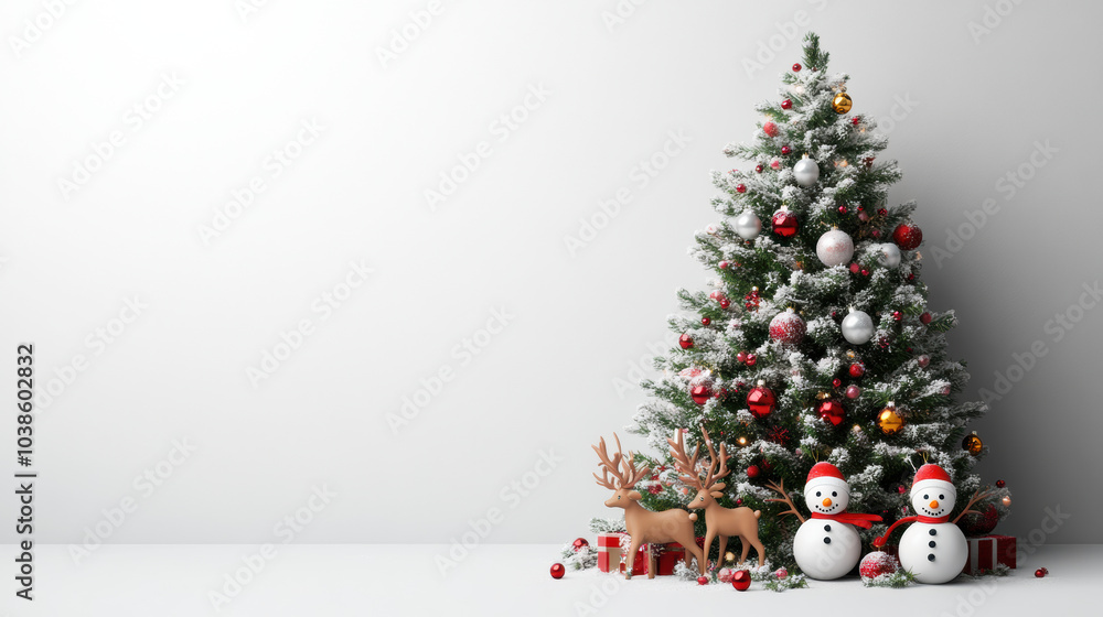 festive Christmas tree adorned with snowman dolls and reindeer festive Christmas tree adorned with snowman dolls and reindeer