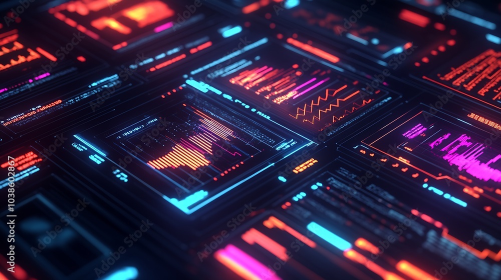 Futuristic Digital Data Visualization Screens With Colorful Graphs And Analytics Displaying Trends : Generative AI Futuristic Digital Data Visualization Screens With Colorful Graphs And Analytics Displaying Trends : Generative AI
