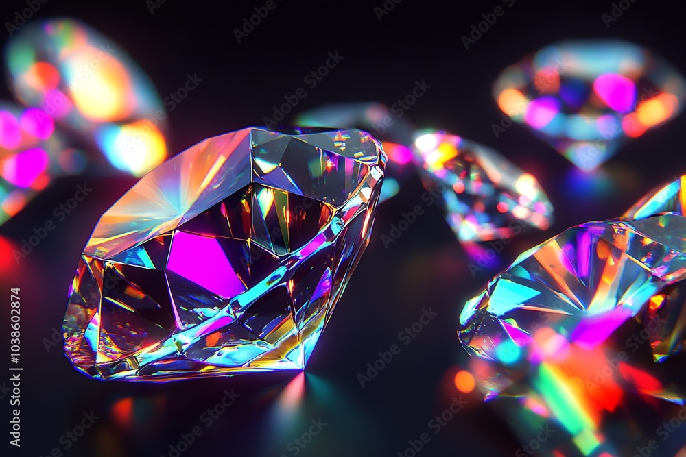 Vividly Colored Gemstone Crystals Reflecting Rainbow Light in Dark Background : Generative AI Vividly Colored Gemstone Crystals Reflecting Rainbow Light in Dark Background : Generative AI