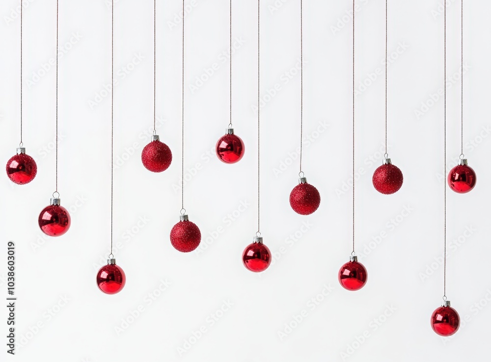 Fototapeta premium Three red Christmas ornaments hanging on strings, against a white background. Merry Christmas and Happy New Year