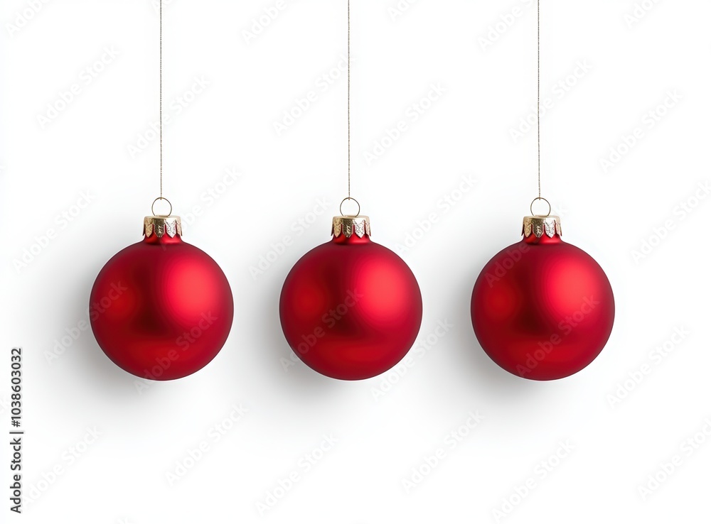 Three red Christmas ornaments hanging on strings, against a white background. Merry Christmas and Happy New Year Three red Christmas ornaments hanging on strings, against a white background. Merry Christmas and Happy New Year