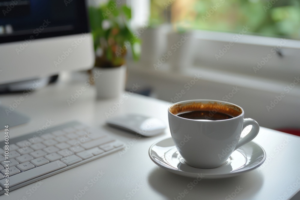 A clean work desk setup with a desktop monitor, a keyboard, and a coffee cup isolated on white A clean work desk setup with a desktop monitor, a keyboard, and a coffee cup isolated on white