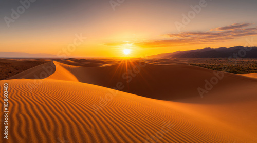 Fototapeta Naklejka Na Ścianę i Meble -  Endless desert dunes bathed in warm sunset glow create serene atmosphere