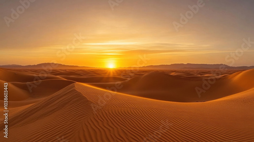 Endless desert dunes bathed in warm sunset glow create serene atmosphere