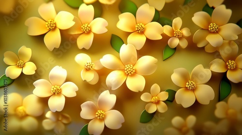 A vibrant arrangement of yellow flowers with green leaves.