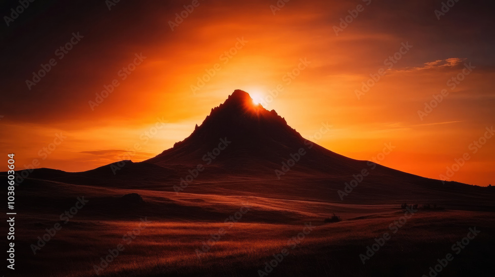 Majestic mountain silhouette against fiery orange sunset, creating breathtaking view Majestic mountain silhouette against fiery orange sunset, creating breathtaking view