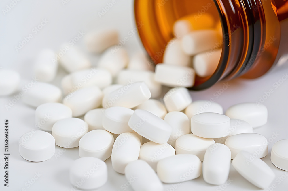 Pills spilling out of pill bottle on white background. Focus on foreground, soft bokeh. Pills spilling out of pill bottle on white background. Focus on foreground, soft bokeh.