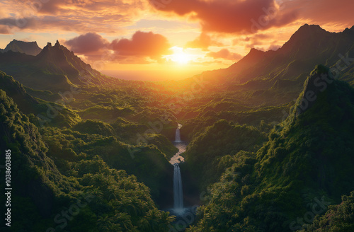 A breathtaking view of the Hulusi Dungeon Waterfall, nestled amidst lush greenery and vibrant flora in the heart of Hawaii's Big Island, at sunset with a dramatic red sky photo