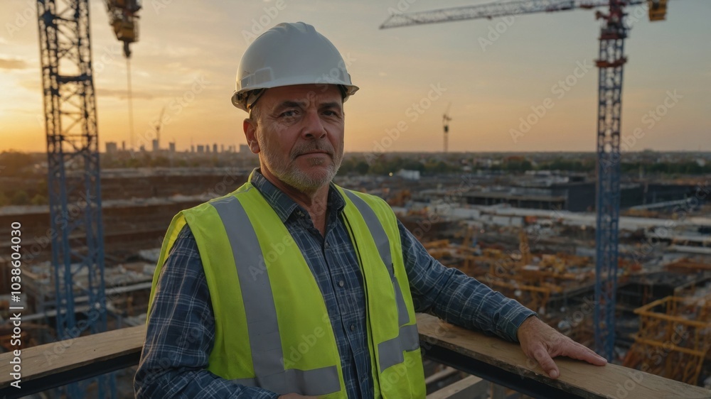 Construction supervisor overseeing a project at sunset with cranes and city skyline in the background Construction supervisor overseeing a project at sunset with cranes and city skyline in the background