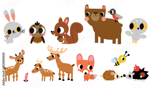 Cute forest woodland animals and birds, bear, owl, wild mammals and insect for kid map, education printable sheet