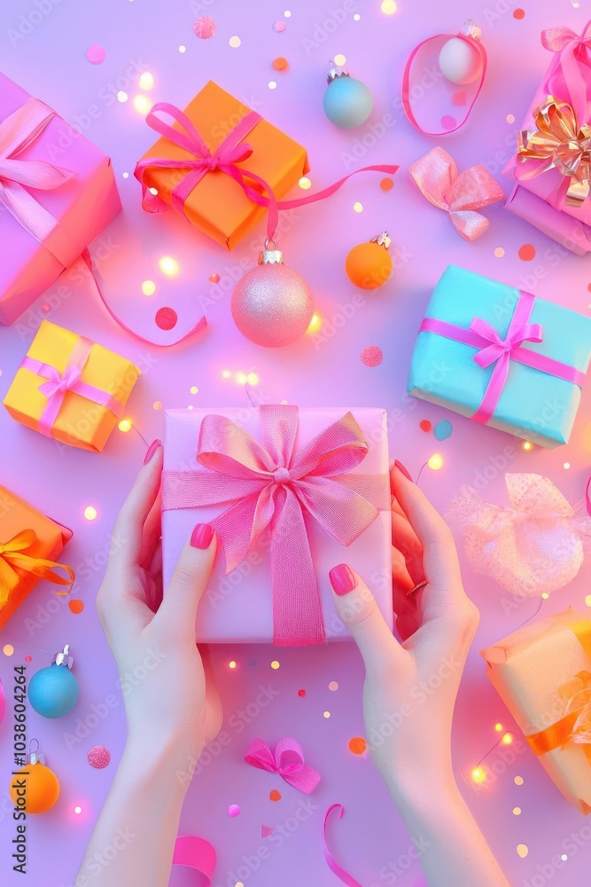 Cozy scene with hands wrapping gifts, colorful bows and ribbons, warm holiday atmosphere, flat design illustration Cozy scene with hands wrapping gifts, colorful bows and ribbons, warm holiday atmosphere, flat design illustration